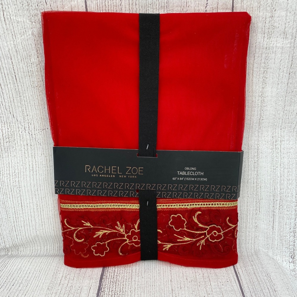 Rachel Zoe Tablecloth 60x84 Red Gold Floral Embroidered Oblong Sheer Luxury